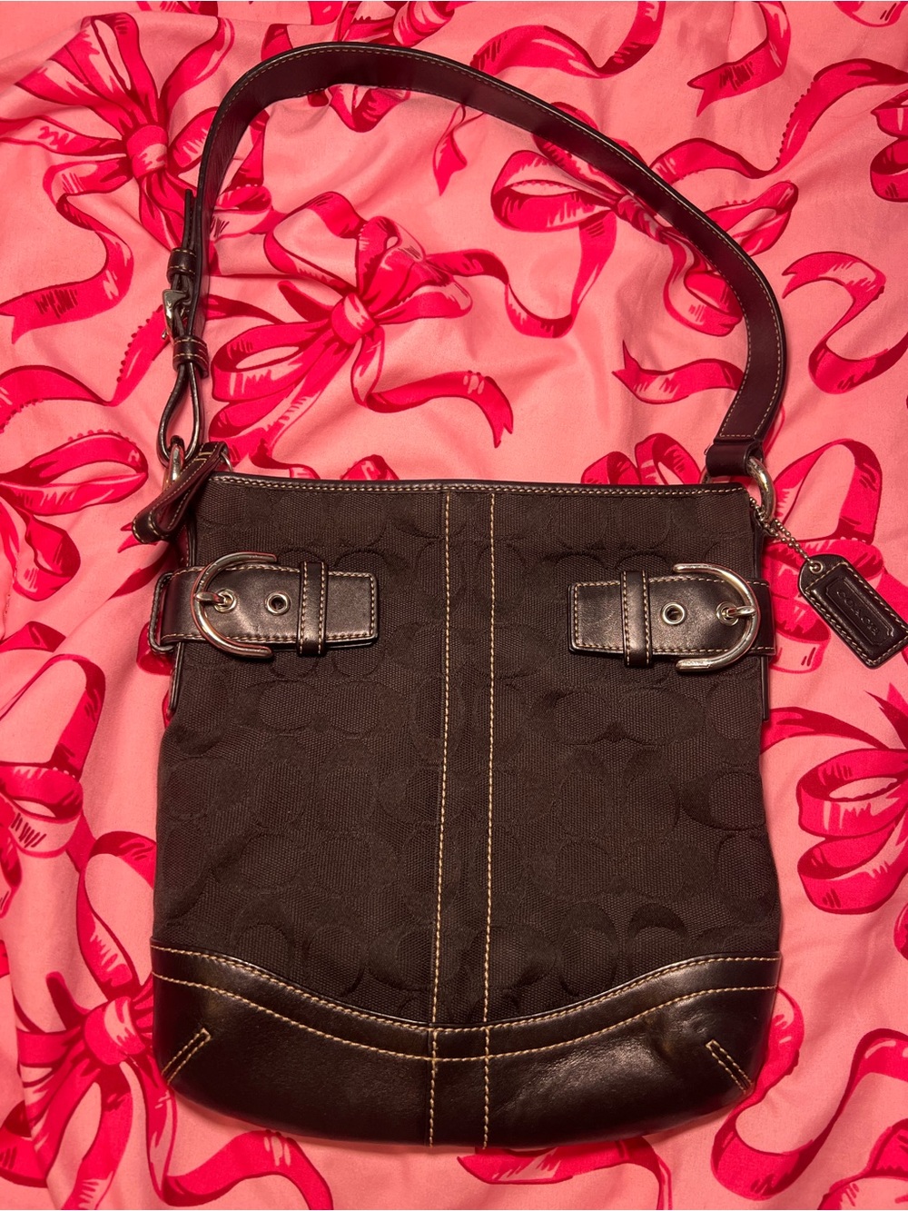 Coach Signature Canvas & Leather Shoulder Bag in Black